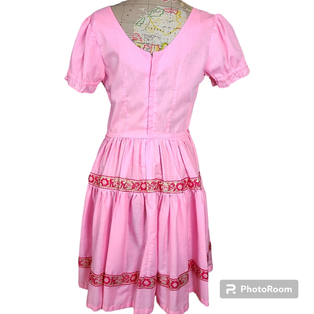 VINTAGE 70's Handmade Size 6 Pink Puff Sleeve Ruffle A-Line Dress Cottagecore - Picture 2 of 7